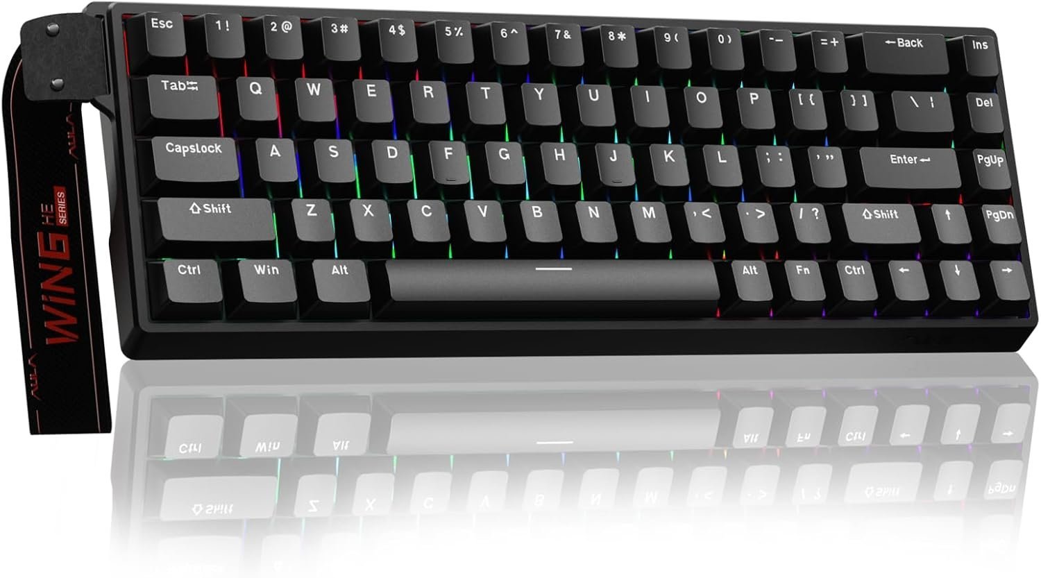 Black AULA WIN68 HE compact Hall Effect gaming keyboard with RGB lighting and 68-key layout on a white background