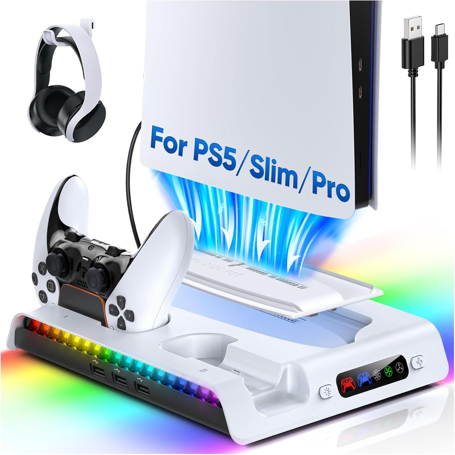 FASTSNAIL vertical cooling station with a PS5 Slim, DualSense chargers, fan controls, and RGB lighting