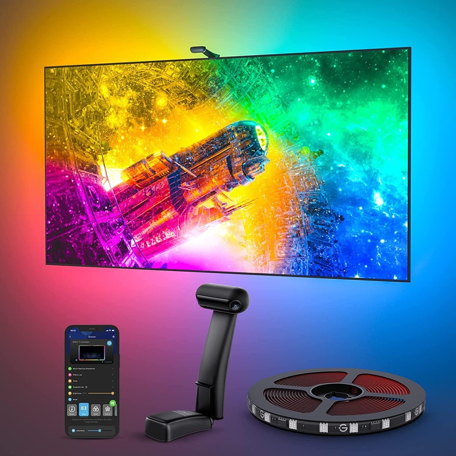 Govee Envisual TV Backlight T2 dual camera and RGBIC strip lighting behind a television