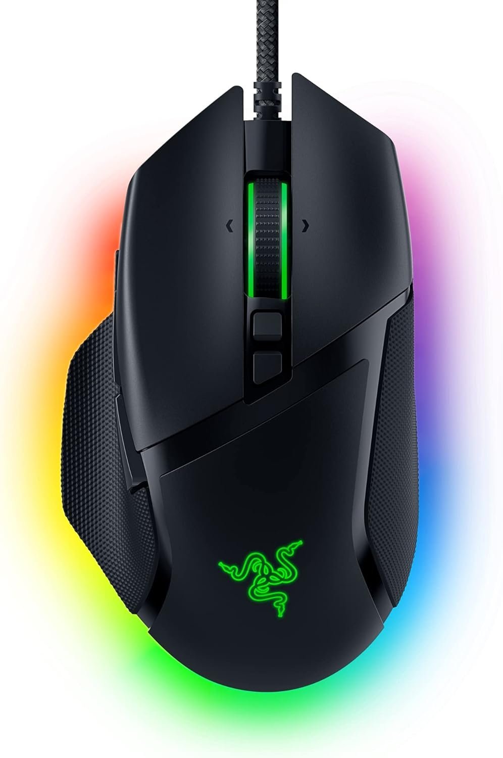 Black Razer Basilisk V3 wired ergonomic gaming mouse with thumb rest and RGB lighting