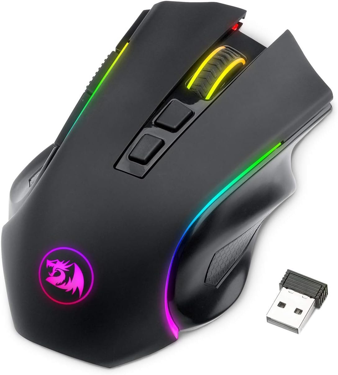 Black Redragon M602 Griffin wireless gaming mouse with RGB lighting viewed from above on a white background