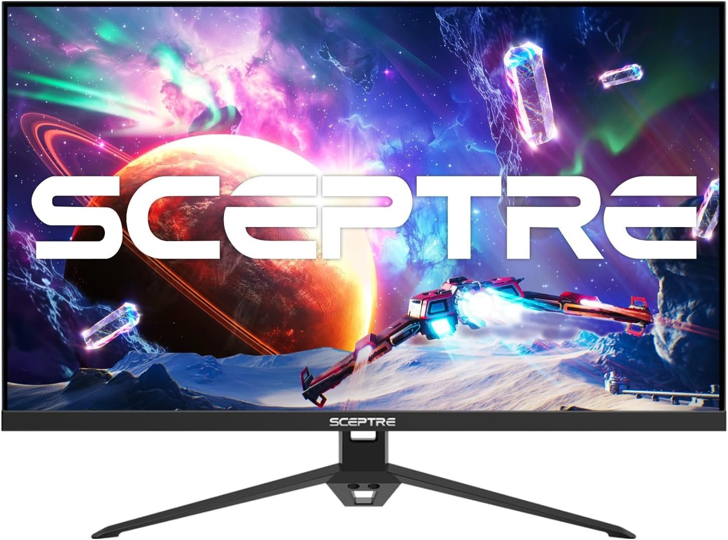 Black Sceptre E248B-FPT168 24-inch IPS gaming monitor displaying colorful graphics on its frameless screen