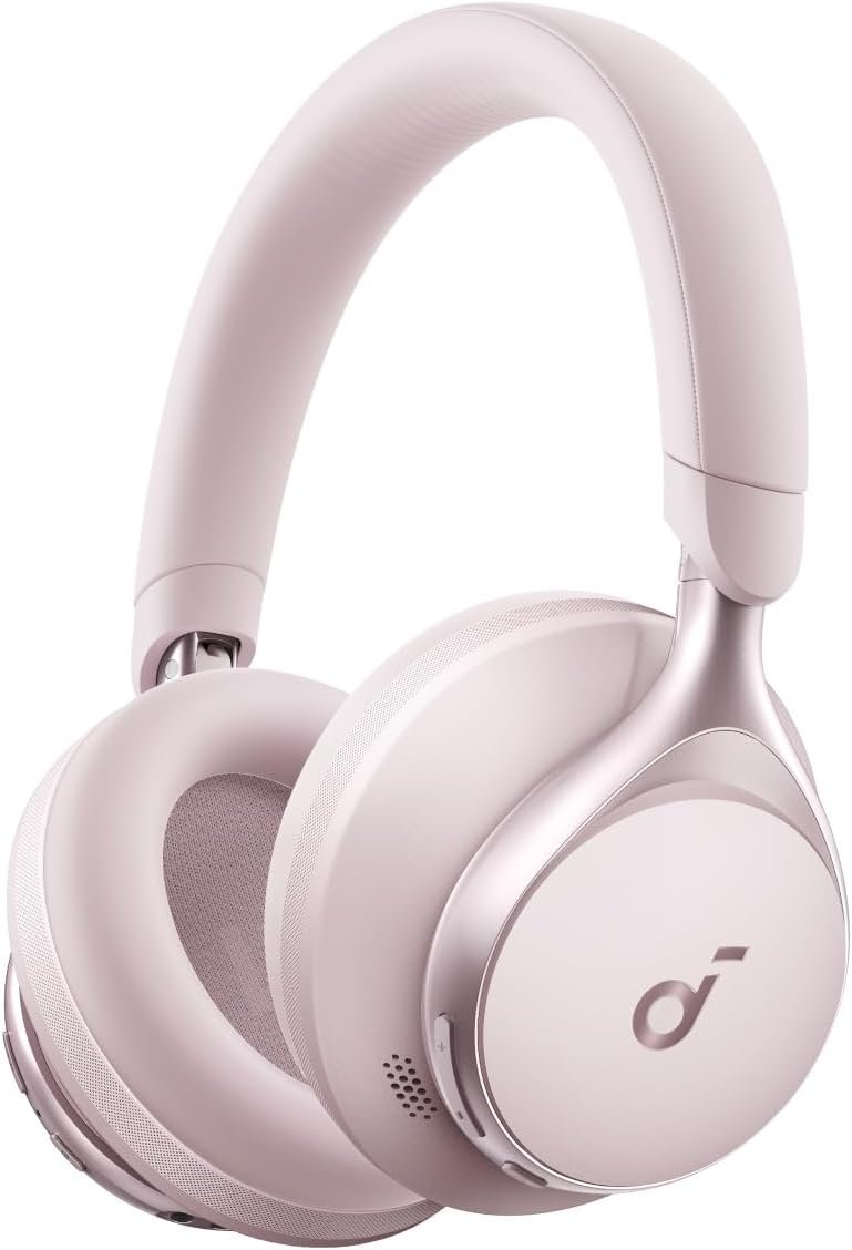 Cloud Pink Soundcore Space One over-ear active noise cancelling headphones shown on a white background